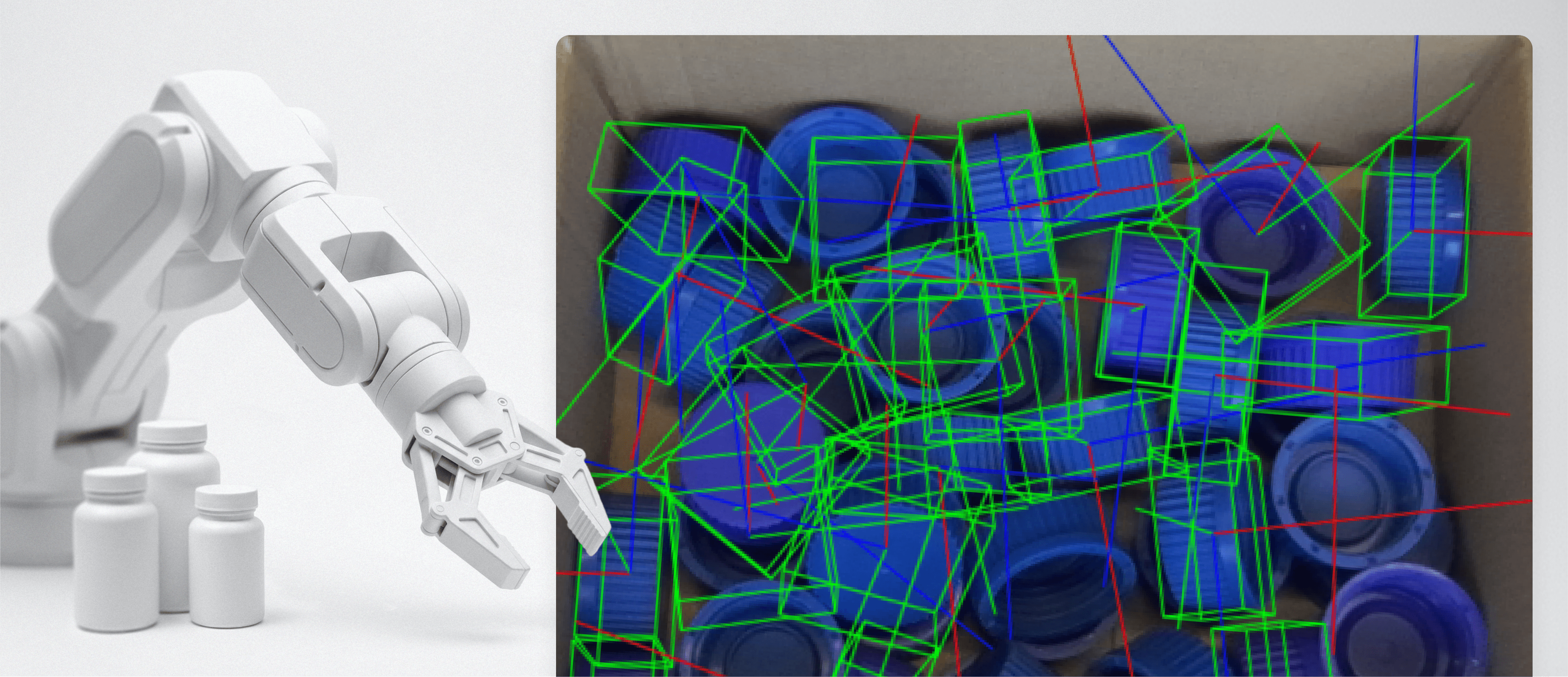 hero image für den BVU Case auf dem ein Roboter-Greifarm und Deckel von Laborflaschen zu sehen sind