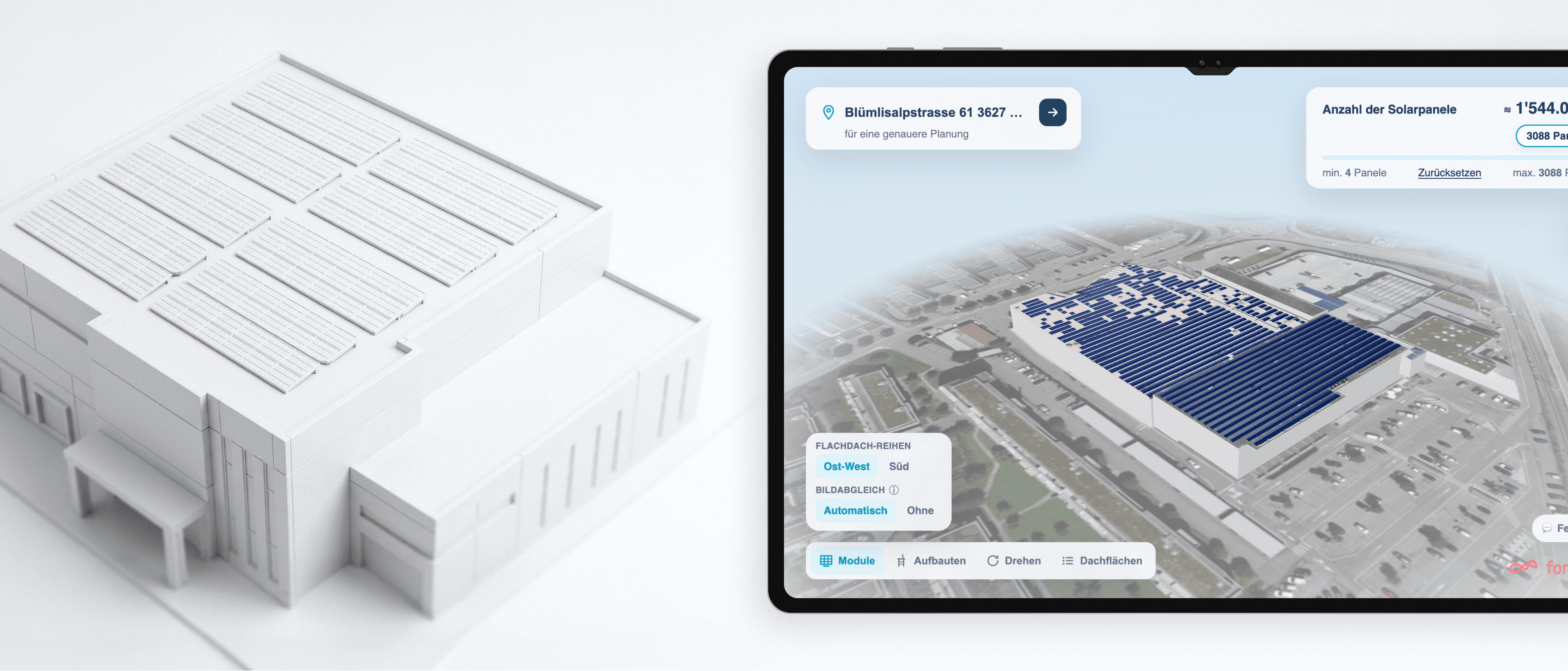 Darstellung eines Haus mit Solarpanels und eines Tablets mit dem Solar Planner Programm