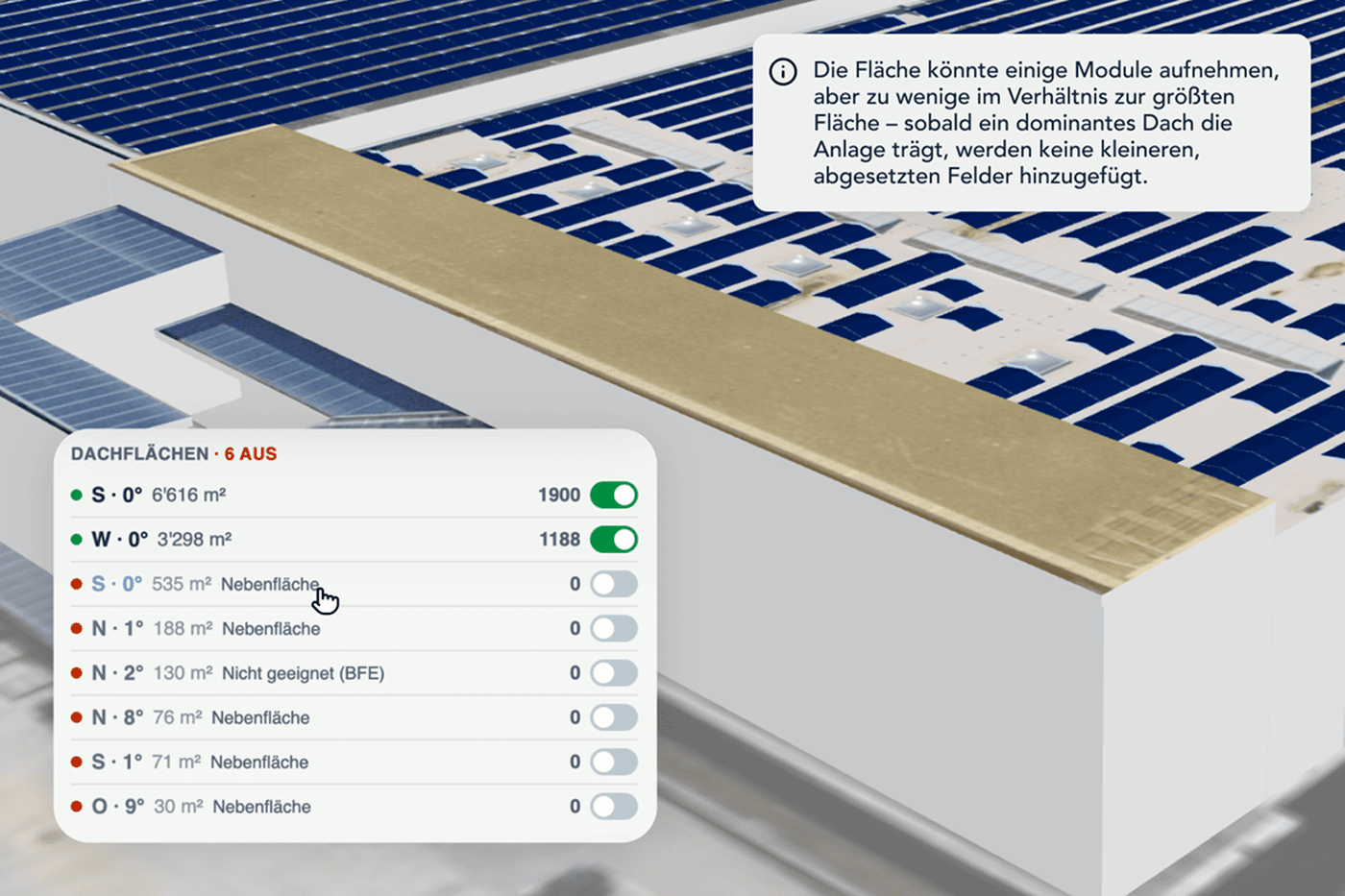 Screenshot aus dem Solar Planner auf dem ein Hinweis zu den gesetzten Modulen erscheint.